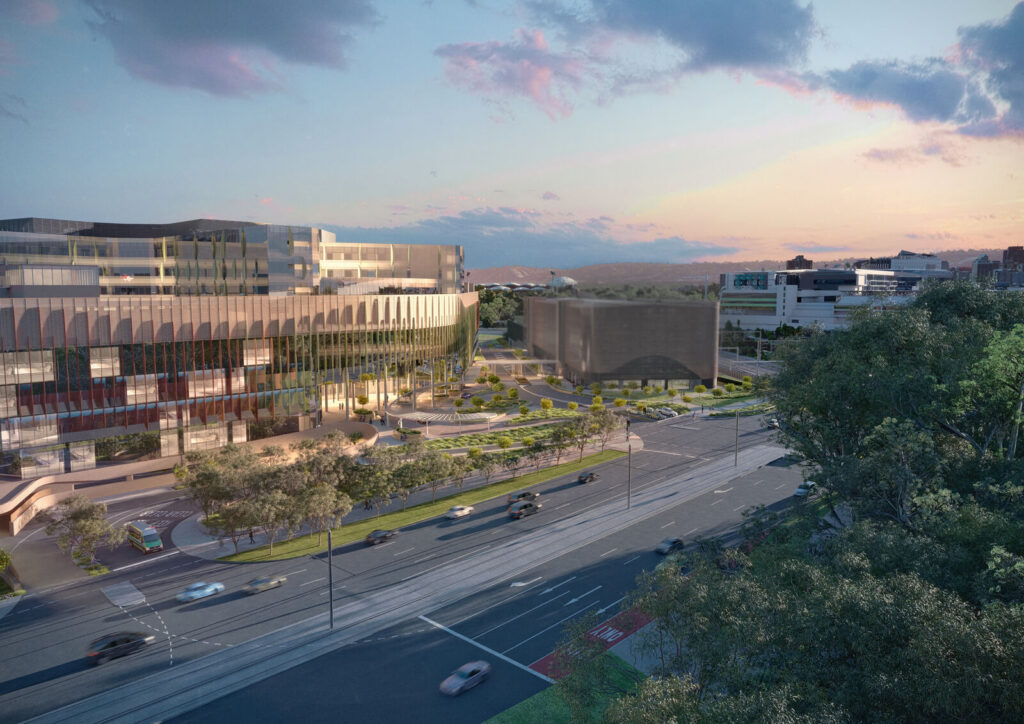 New Women's and Children's Hospital, SA - Render of hospital from slightly elevated view.